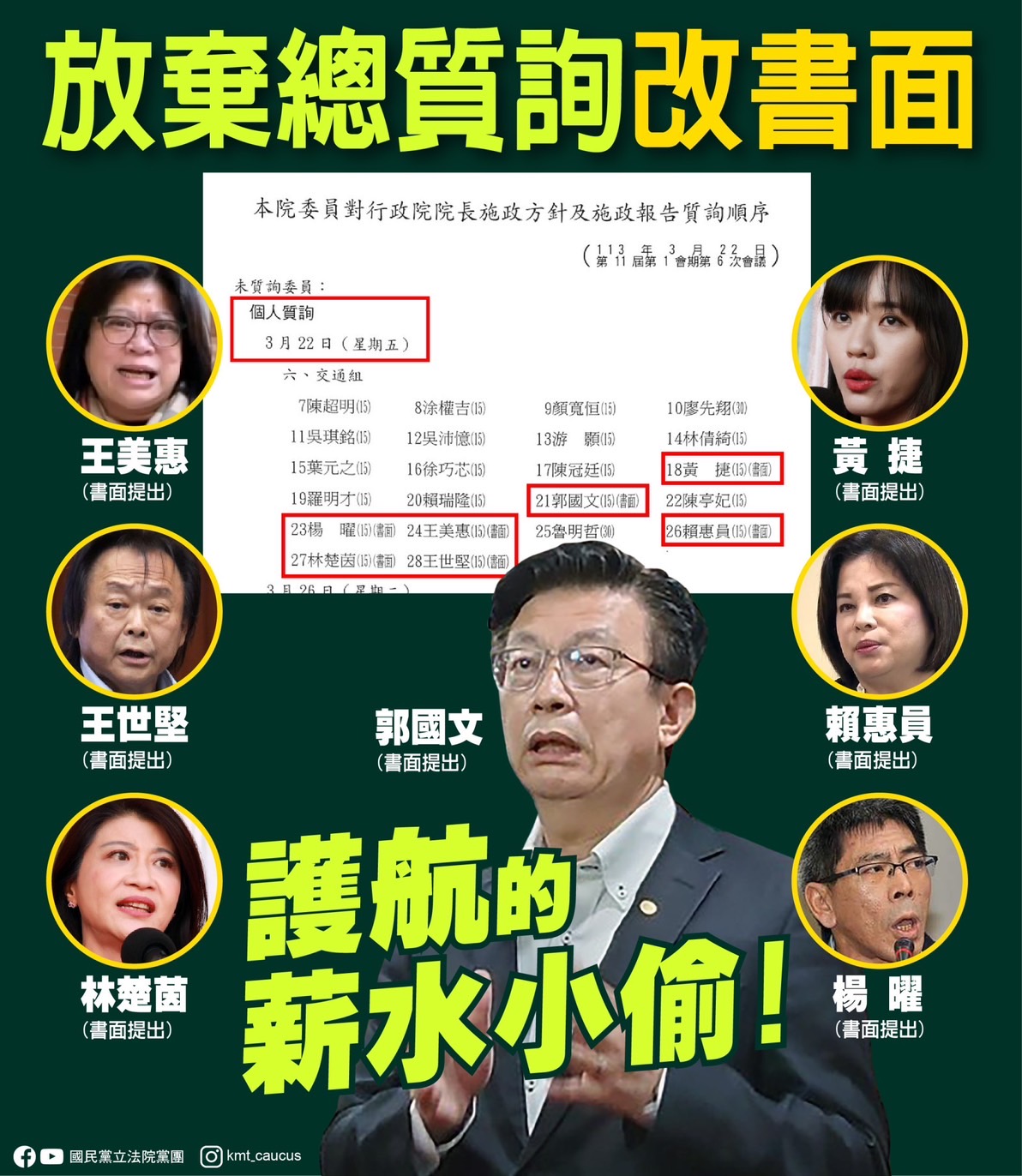 全民看在眼裡 失憶政客 忘記自己七天前的訴求 今連質詢都懶