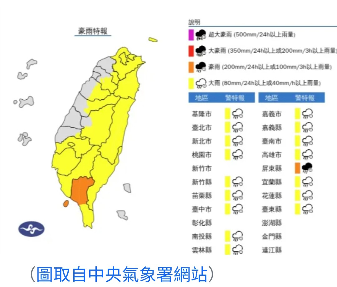 全台17縣市發布豪雨、大雨警報，南部地區累積雨量超過百毫米