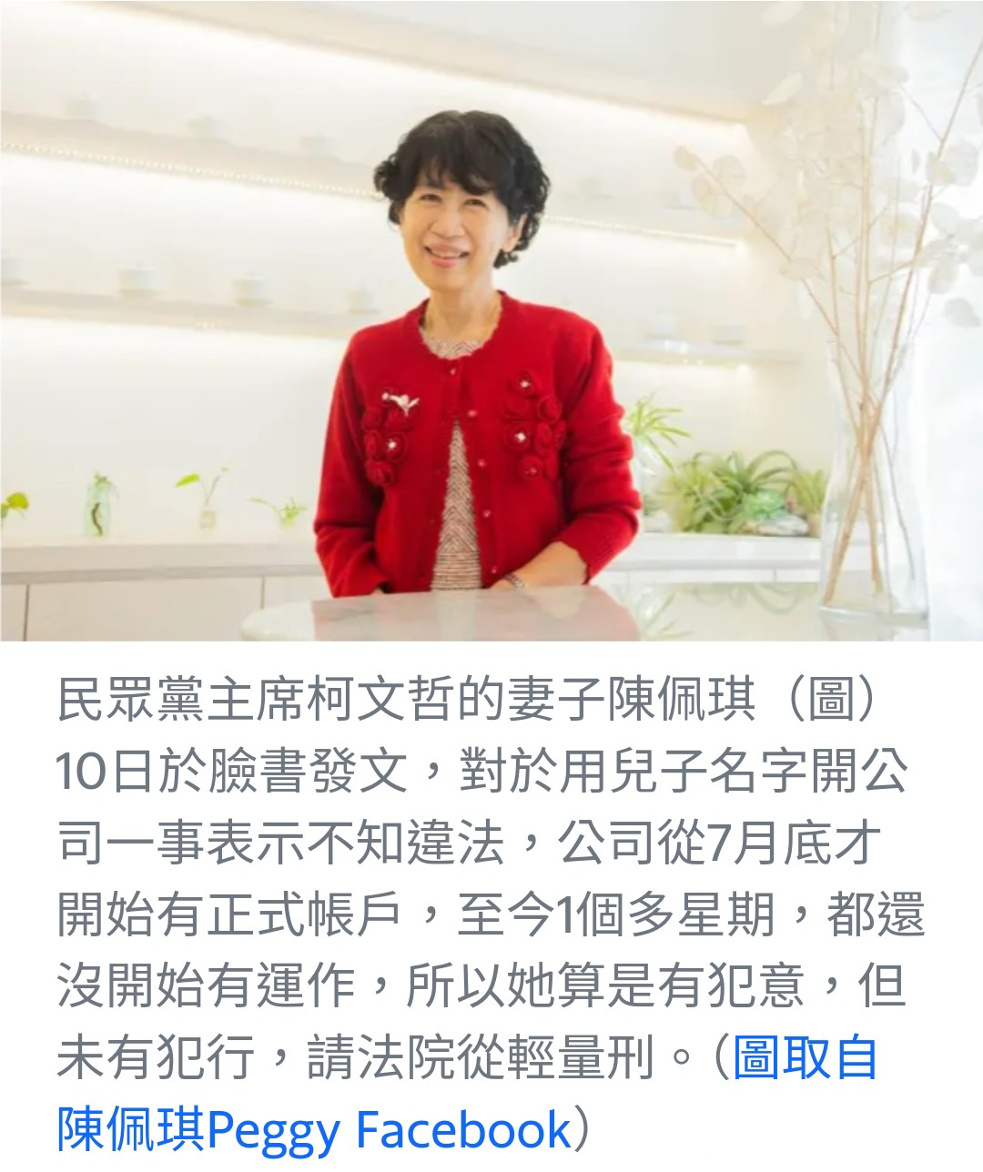 柯文哲妻子陳佩琪因以兒子名義開公司道歉並請求輕判