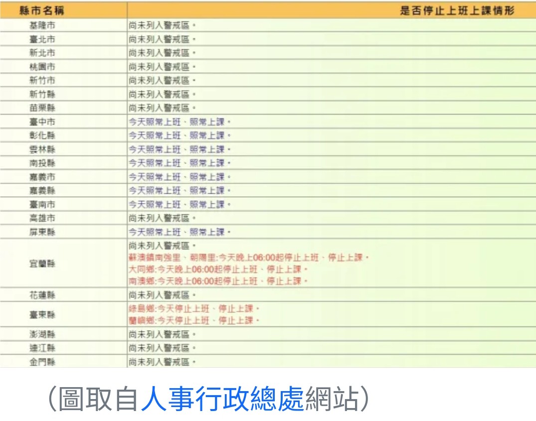 康芮颱風威脅升高 宜蘭部分地區傍晚起停班停課