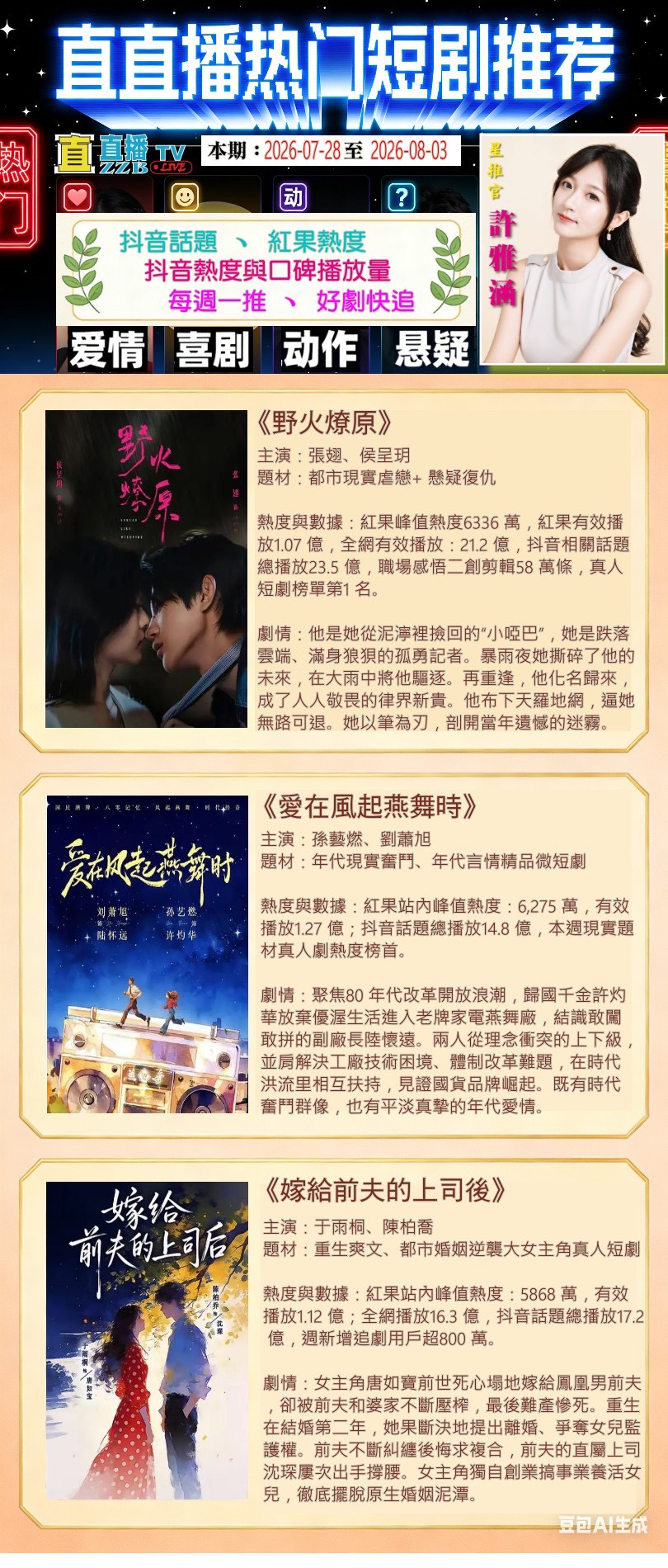 許雅涵「直直播熱門短劇推薦」揭榜　《野火燎原》等3部作品熱度口碑雙收
