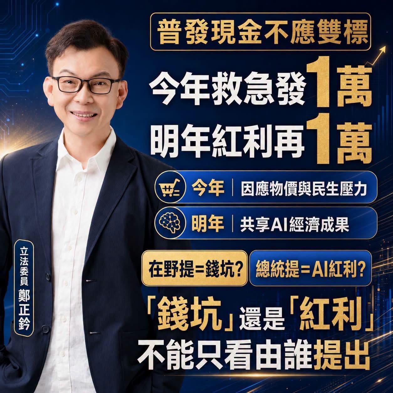 鄭正鈐：今年一萬救急、明年一萬分紅　普發現金不能因提案人不同就換標準